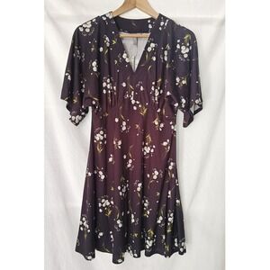 ASOS Tea Dress Dark Purple‎ Floral Empire Waist V-Neck Flutter Sleeve Size 6